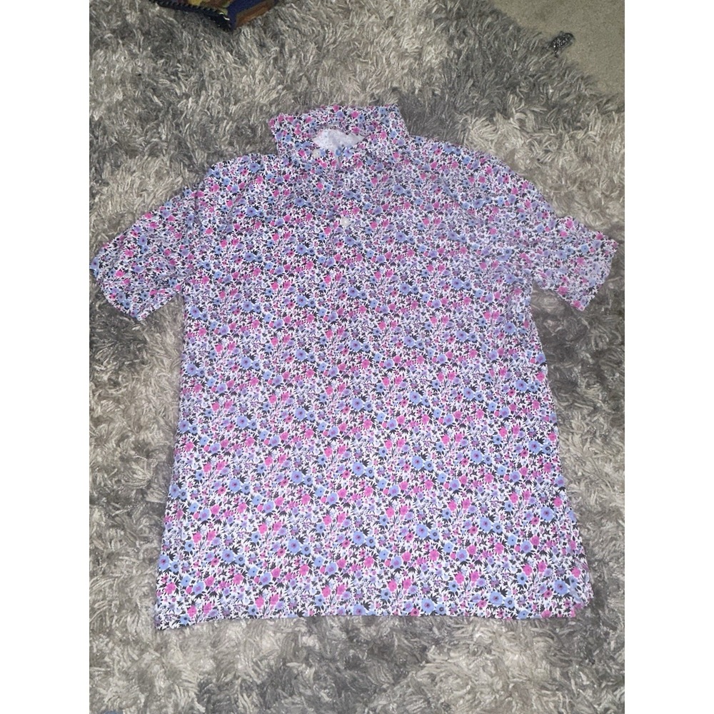IBKUL Golf Polo Shirt Mens Small Blue/Pink Floral Printed Performance UPF 50+